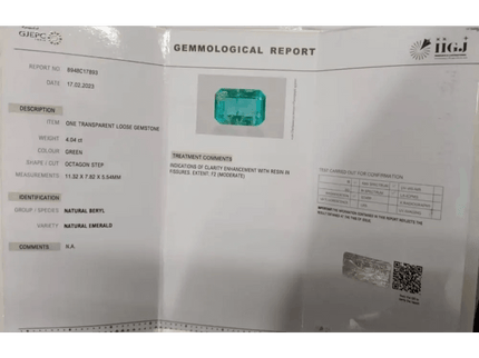 Certified 4.04ct Emerald, Natural Gemstone - SMSGEMS 