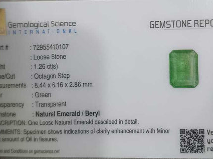 GSI Certified 1.26ct Zambian Emerald, Natural earth mined Gemstone