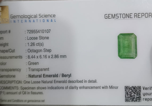 GSI Certified 1.26ct Zambian Emerald, Natural earth mined Gemstone