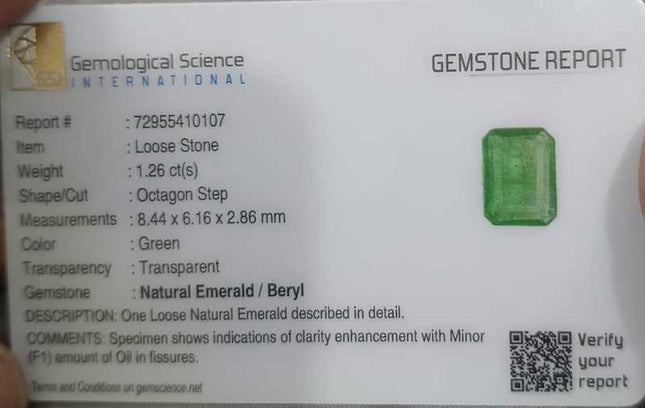 GSI Certified 1.26ct Zambian Emerald, Natural earth mined Gemstone