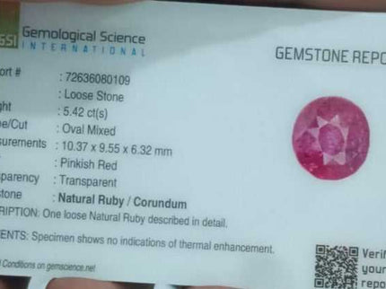 5.42ct Certified Sri Lanka Ruby, Untreated Natural Loose Gemstone