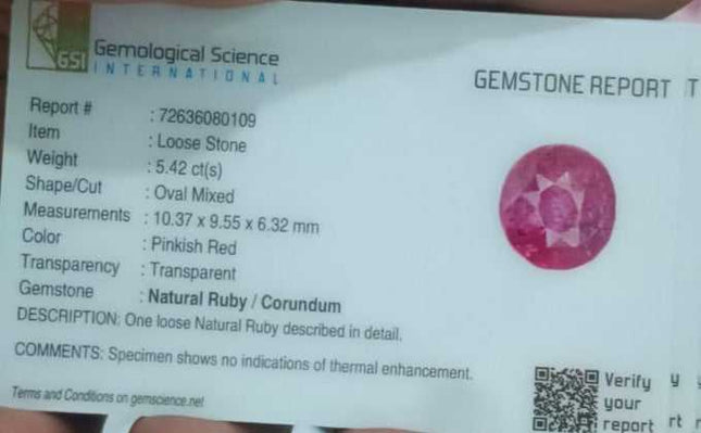 5.42ct Certified Sri Lanka Ruby, Untreated Natural Loose Gemstone