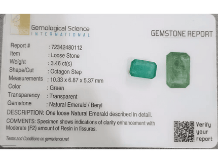 GSI Cerified 3.46ct Zambian Emerald, Natural Gemstone - SMSGEMS 