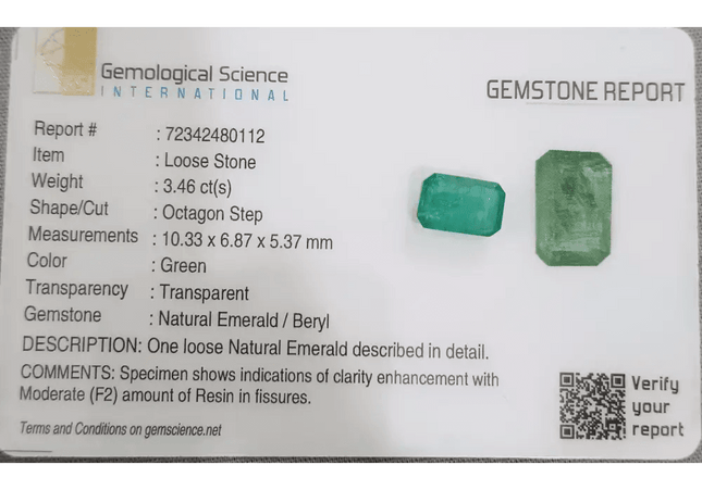 GSI Cerified 3.46ct Zambian Emerald, Natural Gemstone - SMSGEMS 