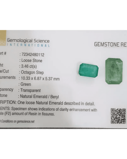 GSI Cerified 3.46ct Zambian Emerald, Natural Gemstone - SMSGEMS 