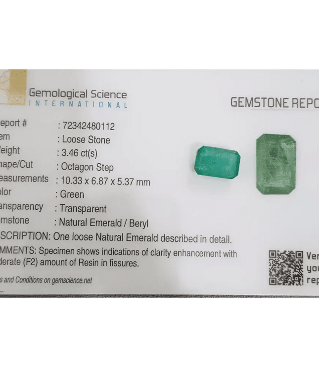 GSI Cerified 3.46ct Zambian Emerald, Natural Gemstone - SMSGEMS 