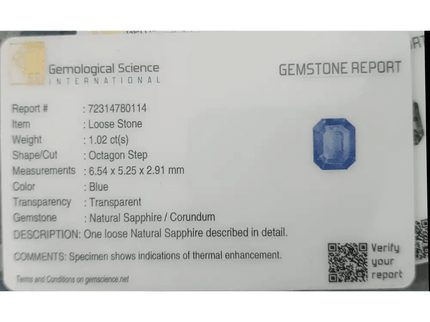 GSI Certified 1.02ct Blue Ceylon Sapphire, Natural Gemstone - SMSGEMS 
