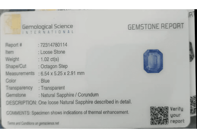 GSI Certified 1.02ct Blue Ceylon Sapphire, Natural Gemstone - SMSGEMS 