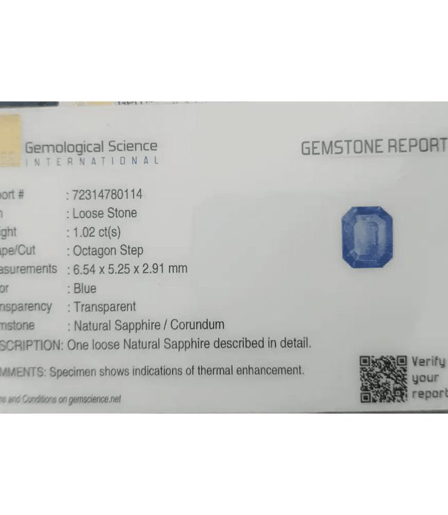GSI Certified 1.02ct Blue Ceylon Sapphire, Natural Gemstone - SMSGEMS 