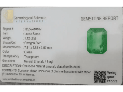 GSI Certified 1.12ct Colombian Emerald, Natural Earth Mined Gemstone - SMSGEMS 