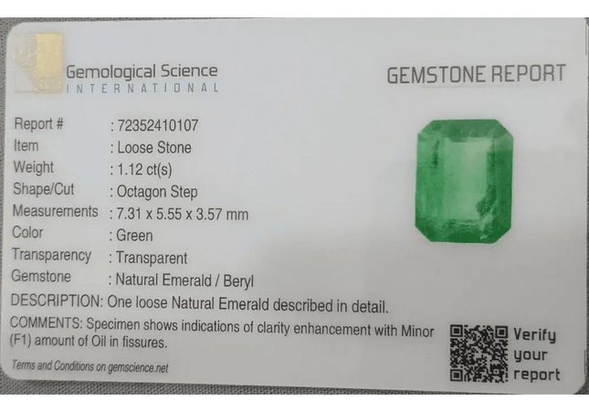 GSI Certified 1.12ct Colombian Emerald, Natural Earth Mined Gemstone - SMSGEMS 