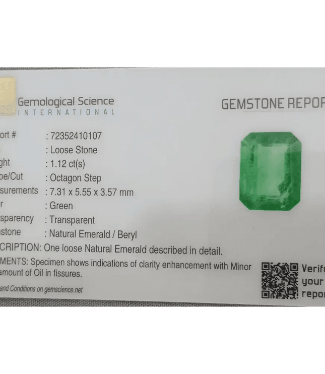 GSI Certified 1.12ct Colombian Emerald, Natural Earth Mined Gemstone - SMSGEMS 