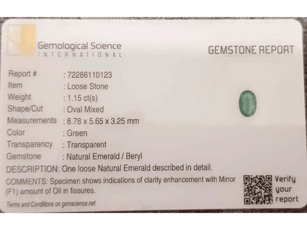 GSI Certified 1.16ct Vivid Green Zambian Emerald , Natural Earth Mined Gemstone - SMSGEMS 