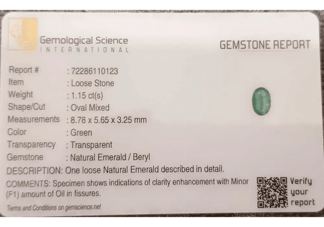 GSI Certified 1.16ct Vivid Green Zambian Emerald , Natural Earth Mined Gemstone - SMSGEMS 