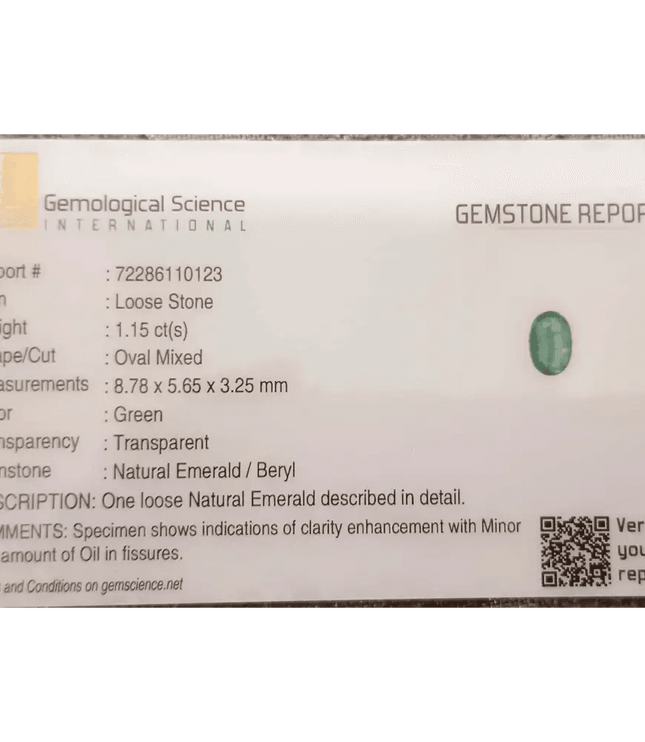 GSI Certified 1.16ct Vivid Green Zambian Emerald , Natural Earth Mined Gemstone - SMSGEMS 