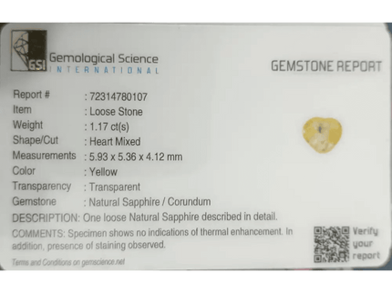 GSI Certified 1.17ct Modified Heart Cut Light Yellow Ceylon Sapphire, Natural Untreated Gemstone - SMSGEMS 