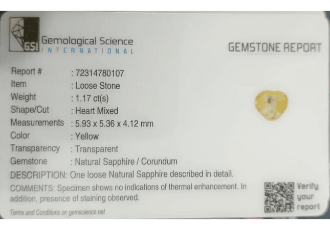 GSI Certified 1.17ct Modified Heart Cut Light Yellow Ceylon Sapphire, Natural Untreated Gemstone - SMSGEMS 