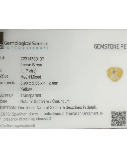 GSI Certified 1.17ct Modified Heart Cut Light Yellow Ceylon Sapphire, Natural Untreated Gemstone - SMSGEMS 