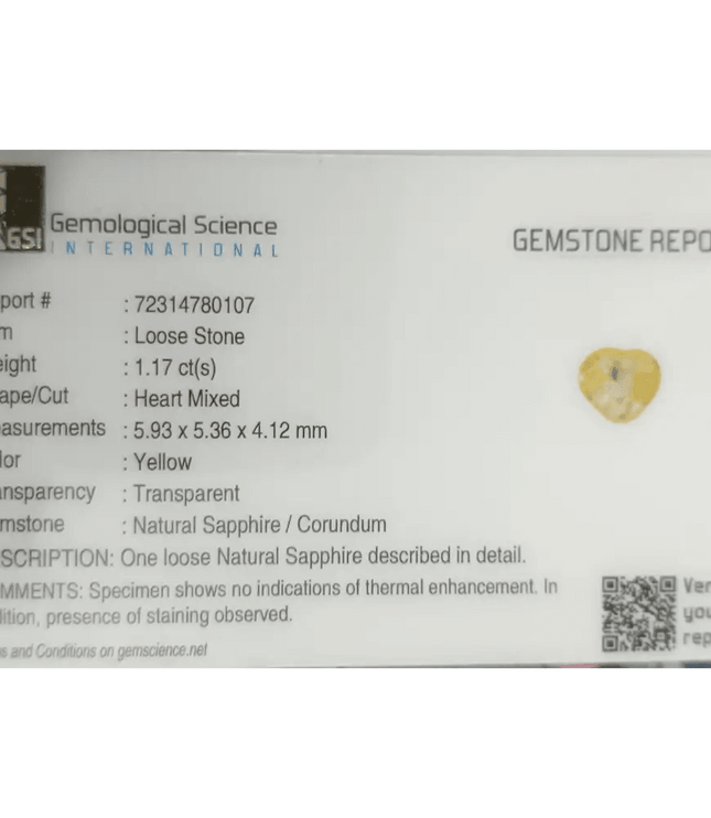 GSI Certified 1.17ct Modified Heart Cut Light Yellow Ceylon Sapphire, Natural Untreated Gemstone - SMSGEMS 