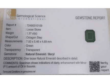 GSI Certified 1.37ct Zambian Emerald , 100% Natural Gemstone - SMSGEMS 