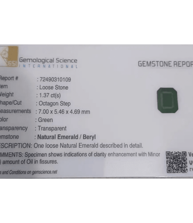 GSI Certified 1.37ct Zambian Emerald , 100% Natural Gemstone - SMSGEMS 