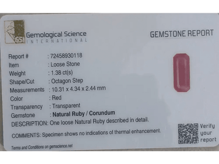 1.38ct Mozambique Ruby GSI Certified Natural Untreated - SMSGEMS 