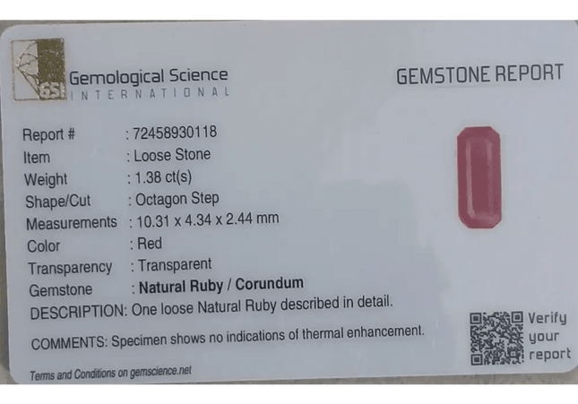 1.38ct Mozambique Ruby GSI Certified Natural Untreated - SMSGEMS 