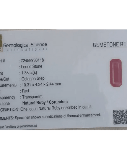 1.38ct Mozambique Ruby GSI Certified Natural Untreated - SMSGEMS 