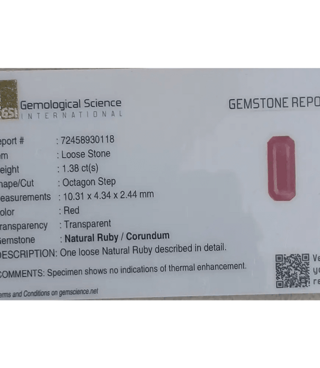1.38ct Mozambique Ruby GSI Certified Natural Untreated - SMSGEMS 