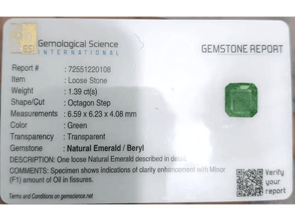 1.39ct Vivid Green Emerald certified by GSI - SMSGEMS 