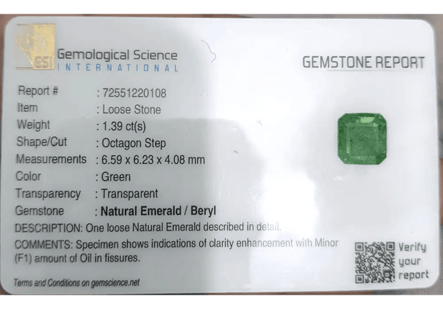 1.39ct Vivid Green Emerald certified by GSI - SMSGEMS 