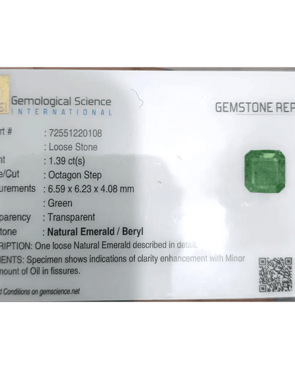 1.39ct Vivid Green Emerald certified by GSI - SMSGEMS 