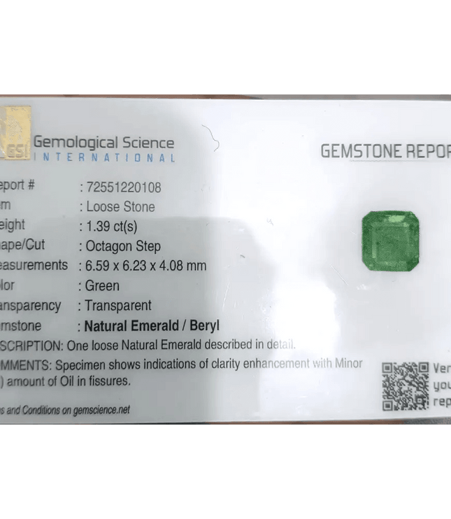 1.39ct Vivid Green Emerald certified by GSI - SMSGEMS 