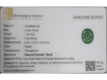 1.40ct Zambian Emerald GSI Certified - SMSGEMS 