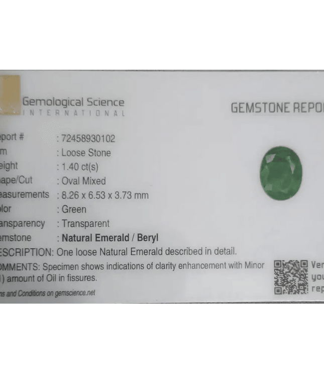 1.40ct Zambian Emerald GSI Certified - SMSGEMS 