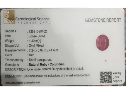 GSI Certified 1.40ct Ruby Natural Untreated Gemstone - SMSGEMS 