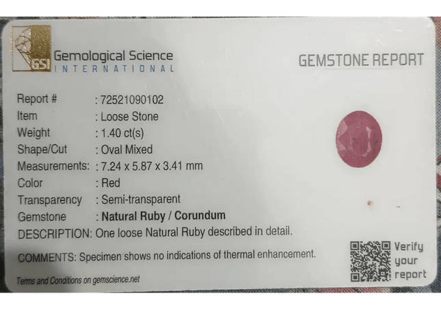 GSI Certified 1.40ct Ruby Natural Untreated Gemstone - SMSGEMS 