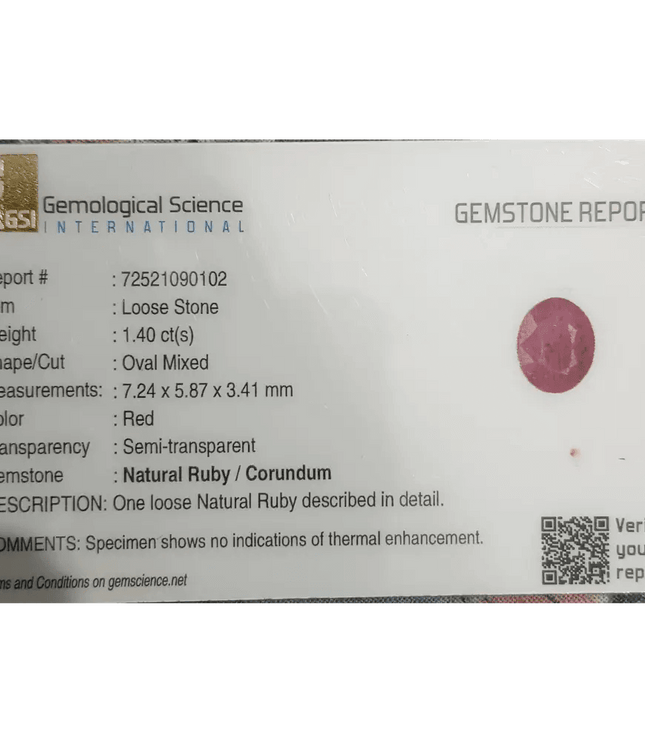 GSI Certified 1.40ct Ruby Natural Untreated Gemstone - SMSGEMS 