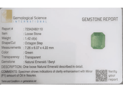 GSI Certified 1.42ct Zambian Emerald, 100% Natural Gemstone - SMSGEMS 