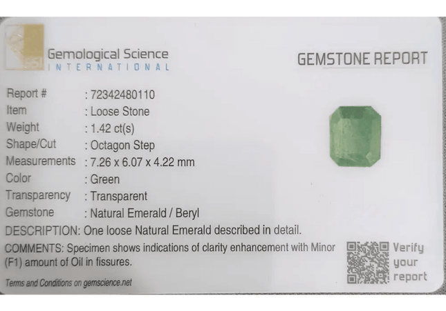 GSI Certified 1.42ct Zambian Emerald, 100% Natural Gemstone - SMSGEMS 