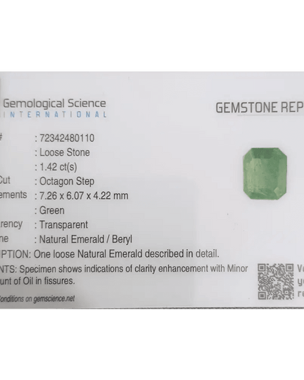 GSI Certified 1.42ct Zambian Emerald, 100% Natural Gemstone - SMSGEMS 