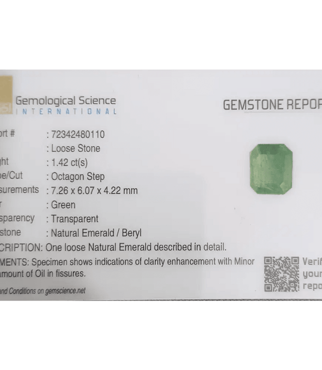 GSI Certified 1.42ct Zambian Emerald, 100% Natural Gemstone - SMSGEMS 