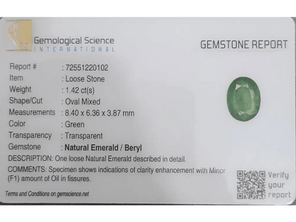 1.42ct Zambian Emerald GSI Certified - SMSGEMS 