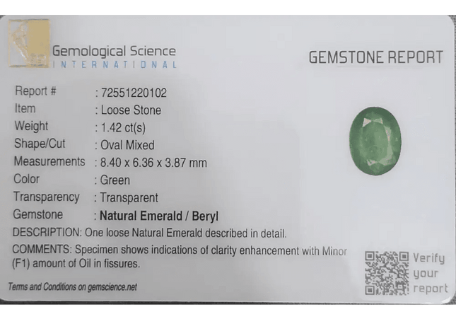 1.42ct Zambian Emerald GSI Certified - SMSGEMS 