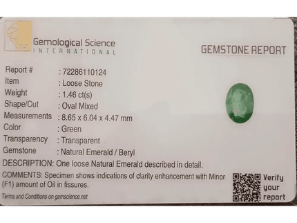 GSI Certified 1.46ct Medium Vivid Green Zambian Emerald , 100% Natural Earth Mined Gemstone - SMSGEMS 
