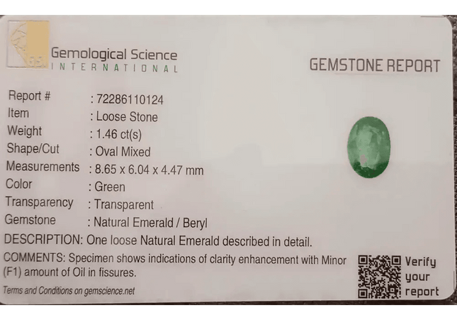 GSI Certified 1.46ct Medium Vivid Green Zambian Emerald , 100% Natural Earth Mined Gemstone - SMSGEMS 
