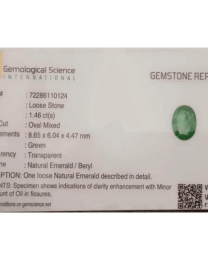 GSI Certified 1.46ct Medium Vivid Green Zambian Emerald , 100% Natural Earth Mined Gemstone - SMSGEMS 