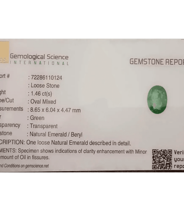 GSI Certified 1.46ct Medium Vivid Green Zambian Emerald , 100% Natural Earth Mined Gemstone - SMSGEMS 