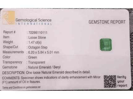 GSI Certified 1.47ct Medium Deep Green Emerald , 100% Natural Earth Mined Gemstone - SMSGEMS 