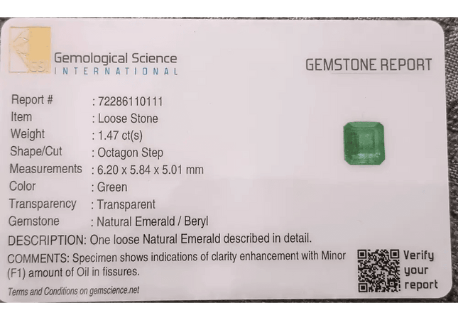 GSI Certified 1.47ct Medium Deep Green Emerald , 100% Natural Earth Mined Gemstone - SMSGEMS 